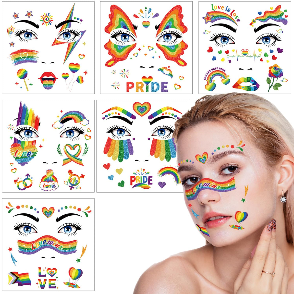HOWAF 12 Sheets Gay Pride Glitter Face Tattoos, Rainbow LGBT Temporary Tattoo for Pride Day Party Parades Celebrations, Love is Love Face Painting Tattoos Stickers for Adults Pride Month Supplies