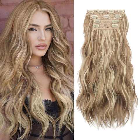 SOFEIYAN Clip in Hair Extensions 4PCS Thick Hairpieces Blonde Long Wavy Synthetic Hair Extension Full Head Natural Clip in Fiber Hair Piece Soft Invisible Lace Weft Hair For Women, 20 Inch