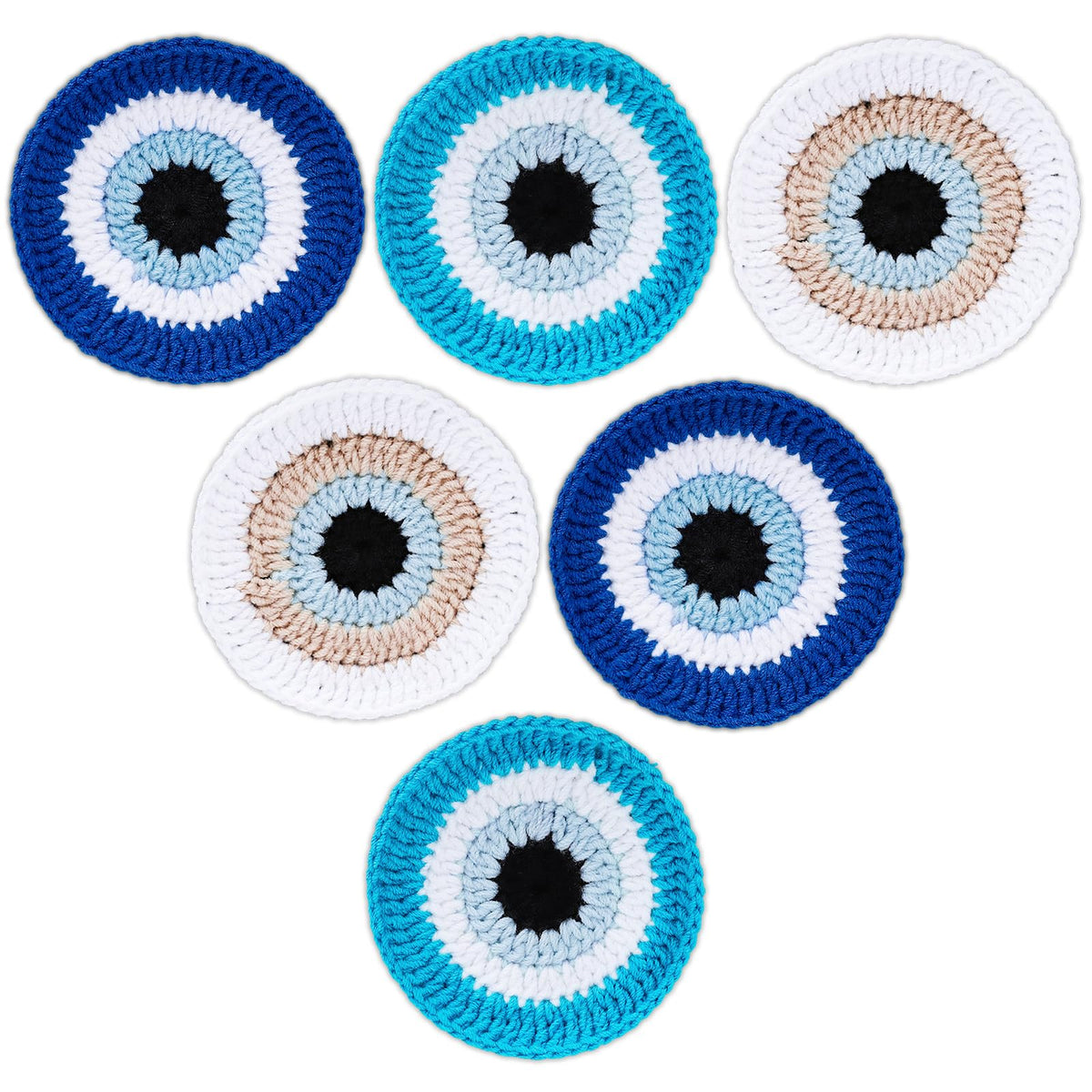 Whaline 6Pcs Evil Eye Coaster for Drinks 4.1 Inch Handmade Crochet Drink Coasters Blue Heat Resistant White Evil Eyes Round Absorbent Cup Mats for Home Bar Restaurant Housewarming Gifts Party Supplies