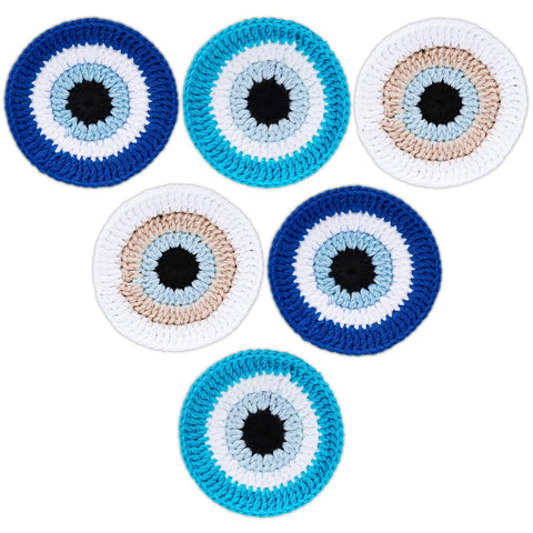 Whaline 6Pcs Evil Eye Coaster for Drinks 4.1 Inch Handmade Crochet Drink Coasters Blue Heat Resistant White Evil Eyes Round Absorbent Cup Mats for Home Bar Restaurant Housewarming Gifts Party Supplies
