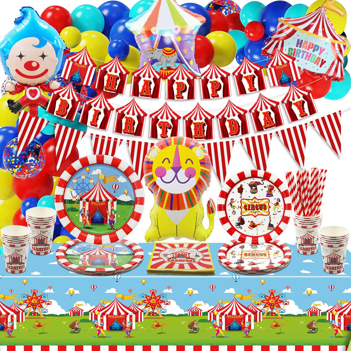 Carnival Party Supplies, Include Carnival Banner, Birthday Banner, Tablecloth, Balloons, Paper Plates, Napkins, Cups, Circus Carnival Party Decorations for Kids Boys Girls Birthday Party, Serves 20
