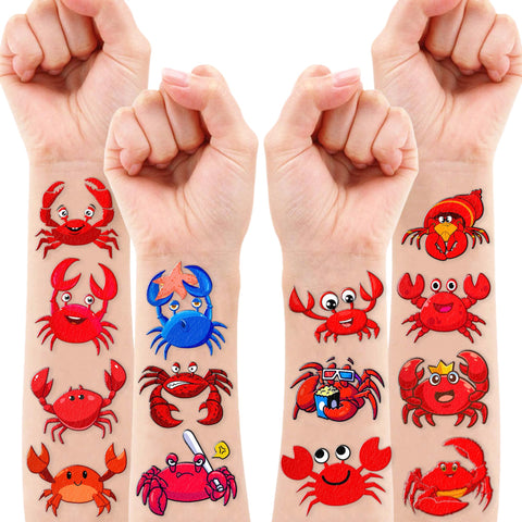 Crab Temporary Tattoos Themed Birthday Party Supplies Favors Decorations Ocean Beach Animal Cute 96PCS Tattoos Stickers Funny for Kids Girls Teens School Classroom Rewards Gifts Ideal Baby Shower