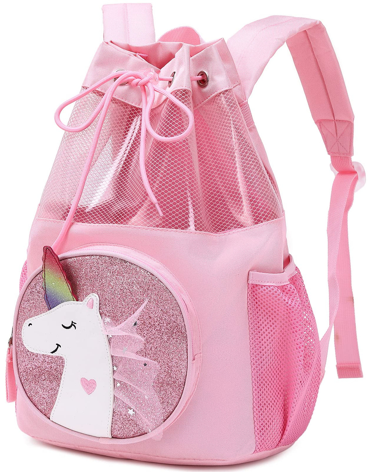 mygreen Unicorn Gifts for Girls - Unicorn Bag, Children Boy Girl Unicorn Print Drawstring Backpack Outdoor Casaul Portable Shoulder Bag Swim Gymsack Sack Pack Pink Lace Mesh