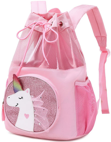 mygreen Unicorn Gifts for Girls - Unicorn Bag, Children Boy Girl Unicorn Print Drawstring Backpack Outdoor Casaul Portable Shoulder Bag Swim Gymsack Sack Pack Pink Lace Mesh