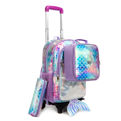 HTgroce Trolley Backpack, Childrens Trolley School Bag with Wheels Backpack School Trolley Backpacks Childrens School Backpack School Bag with Wheels, Purple mermaid