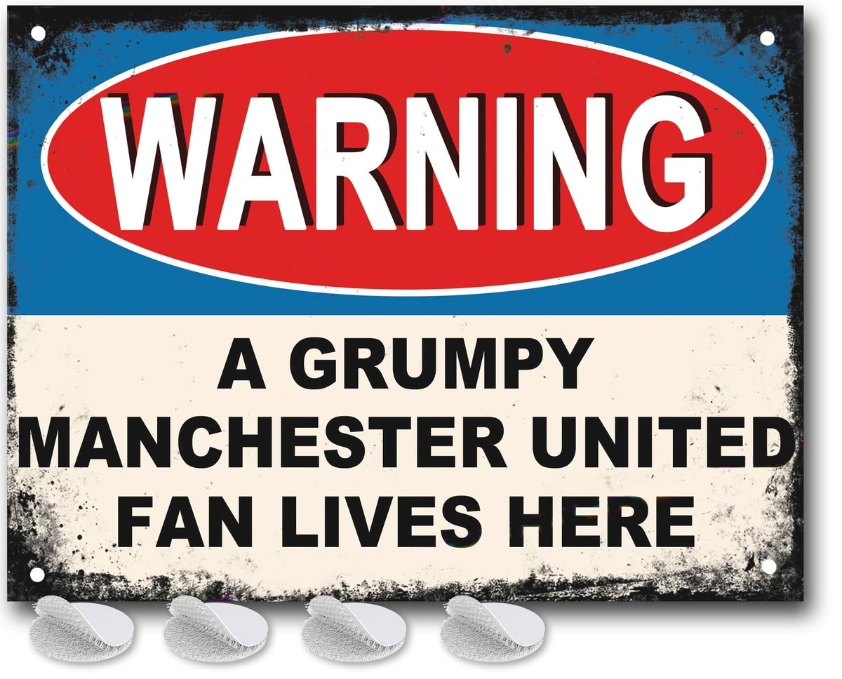 Manchester United Gifts for Men - or Boys Funny Man UTD Football Grumpy MUFC Fan Lives Here Metal Sign, Mens Metal Poster for Dads FC Man Cave or Home Bar Signs