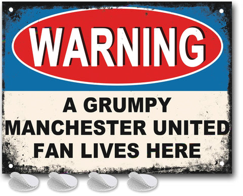 Manchester United Gifts for Men - or Boys Funny Man UTD Football Grumpy MUFC Fan Lives Here Metal Sign, Mens Metal Poster for Dads FC Man Cave or Home Bar Signs