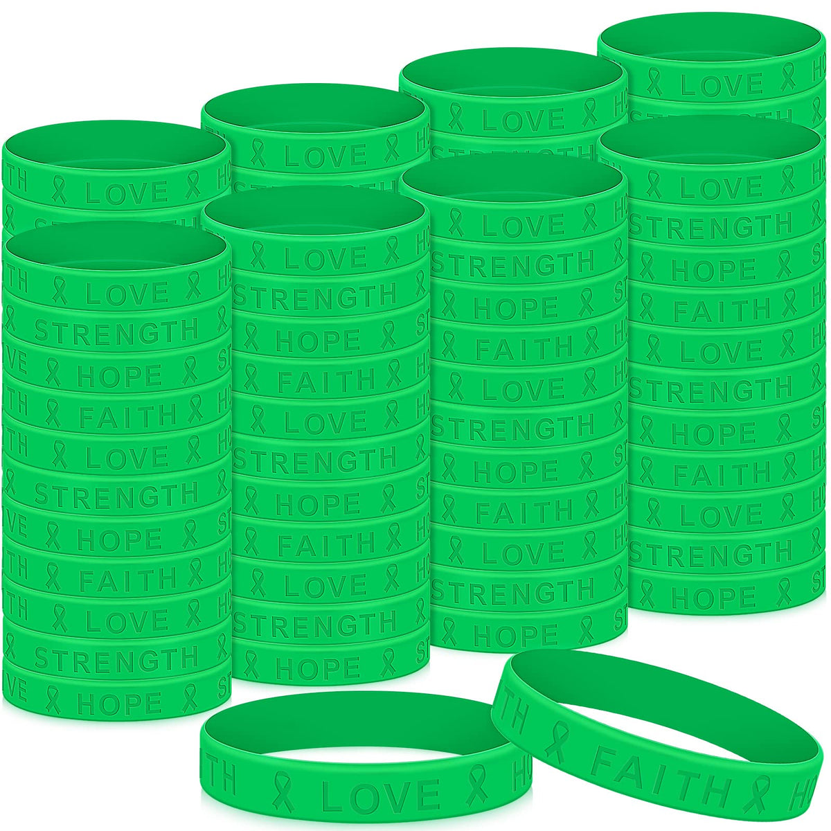 Bucherry 200 Pieces Mental Health Awareness Green Ribbon Silicone Bracelets Liver Cancer Kidney Disease Awareness Rubber Wristbands Hope Strength Faith Love Motivational Bracelets for Adults Gifts