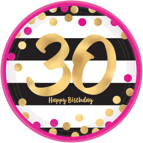 Amscan Pink and Gold Milestone 30 Round Dinner Plates, 9", Pack of 8, Multicolor