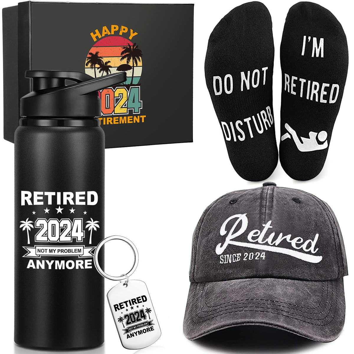 Sieral Retirement Gift Set for Men Guys Retired Gifts Include Tumbler Baseball Cap Socks Keychain with Gift Box, Retro Style