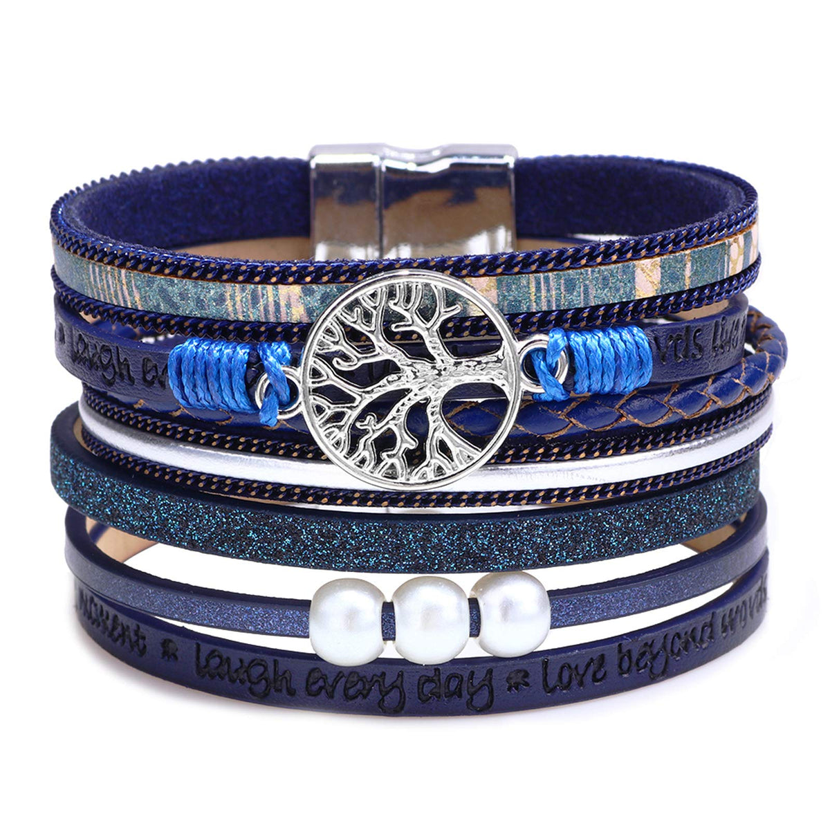 Thajaling Blue Leather Bracelet Boho Tree of Life Handmade Gorgeous Multilayer Leather Bracelet with Magnetic Buckle Casual Bracelet for Women and Girls, One Size, Leather, One Size, Leather
