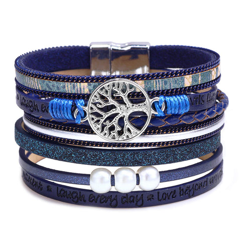 Thajaling Blue Leather Bracelet Boho Tree of Life Handmade Gorgeous Multilayer Leather Bracelet with Magnetic Buckle Casual Bracelet for Women and Girls, One Size, Leather, One Size, Leather