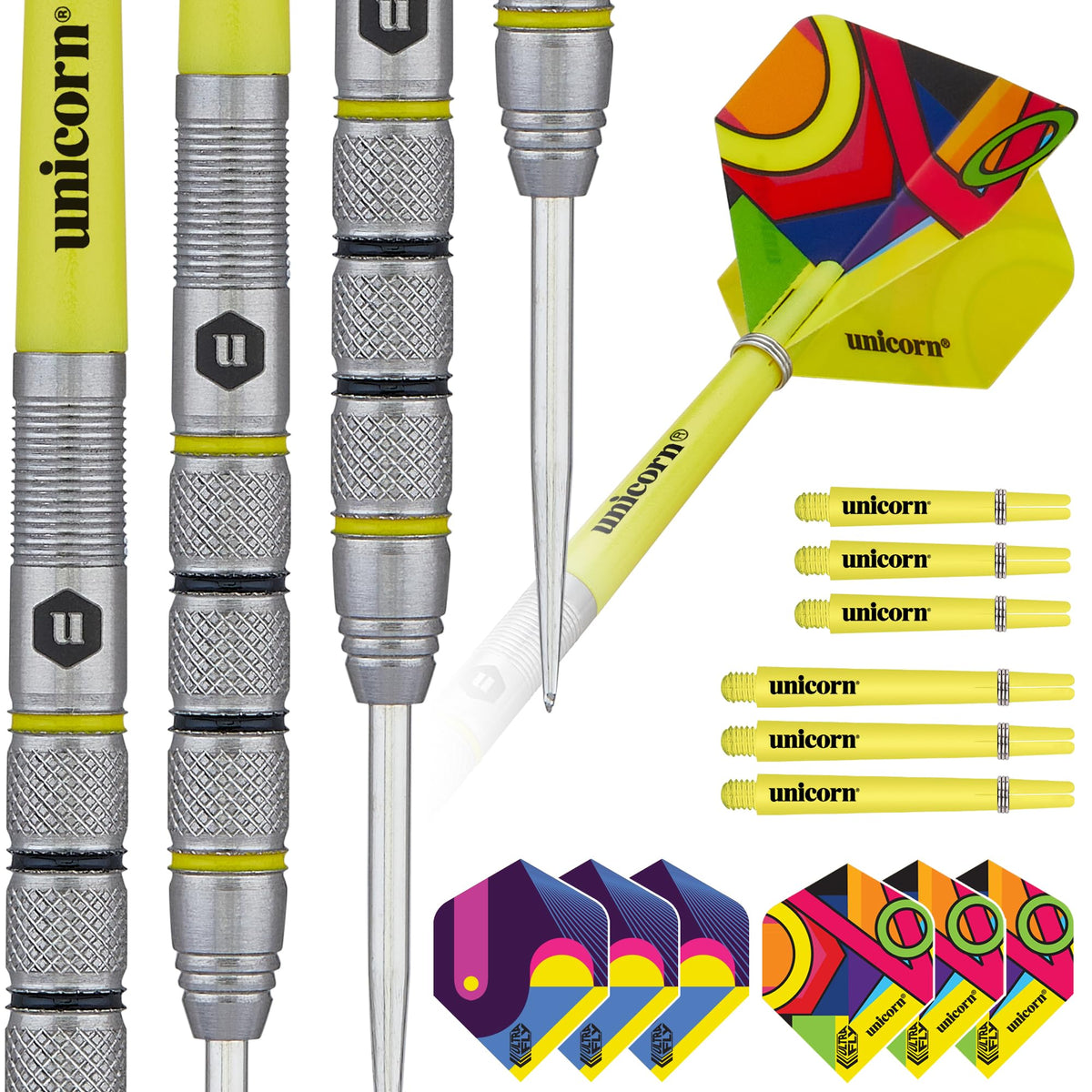 Unicorn Darts Set | Flair 2 | 80% Natural Tungsten Barrels with Black & Yellow Accents & Laser Etched U Logo Hallmark | Steel Tip | 21 g | Extra Flights & Shafts