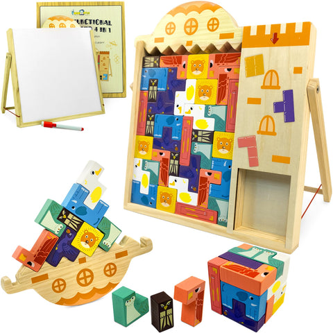 MINIARTIS Wooden Blocks Puzzle | 35 Pcs Tetra Tower Balance Stacking Game with Dry Erase Board | Brain Teaser Tangram Jigsaw | Montessori STEM Educational Toy for Kids & Adults