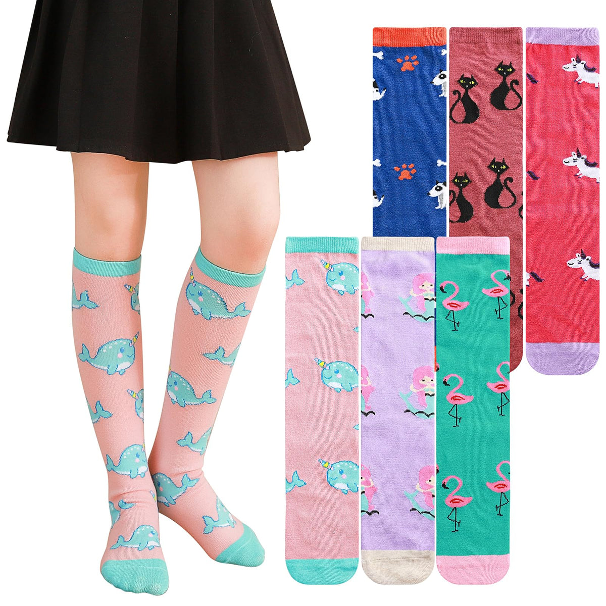 XEPST 6 Pairs Girls Knee High Socks - Colorful Cartoon Design Warm Cotton Knee Socks Mid-Calf Boot Socks Funny Socks for School Odd Socks Day 3-12 Years Girls - One Size, Animal B