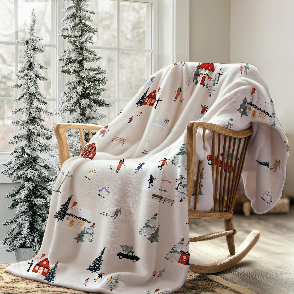 Christmas Fleece Throw Blanket Christmas Ski Field Blankets Throws Xmas Village Lightweight Throw Soft Warm Sherpa Fuzzy Blanket for Couch Sofa, Bed (50x59 inch, Ski Field)