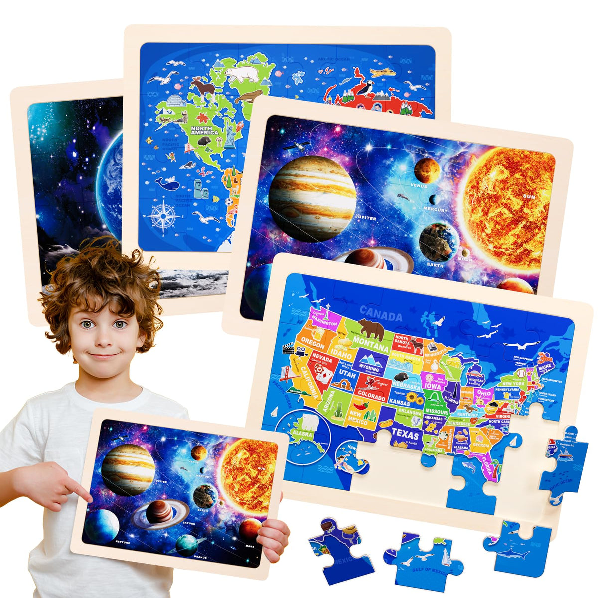 Jigsaw Puzzles Wooden Puzzles for Kids Ages 3-5 Preschool Educational Toddlers Toys United States Puzzle Space Universe World USA Map Earth Exploration Gifts for 3 4 5 6 Year Old Boys Girls 4 Packs