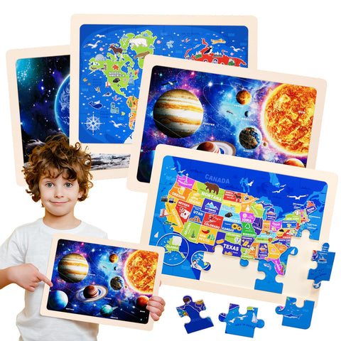 Jigsaw Puzzles Wooden Puzzles for Kids Ages 3-5 Preschool Educational Toddlers Toys United States Puzzle Space Universe World USA Map Earth Exploration Gifts for 3 4 5 6 Year Old Boys Girls 4 Packs