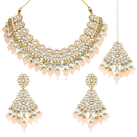 Aheli Silver Plated Kundan & Peach Beads Studded Choker Necklace Dangle Earrings & Maangtikka Set Ethnic Jewellery Gift for Women
