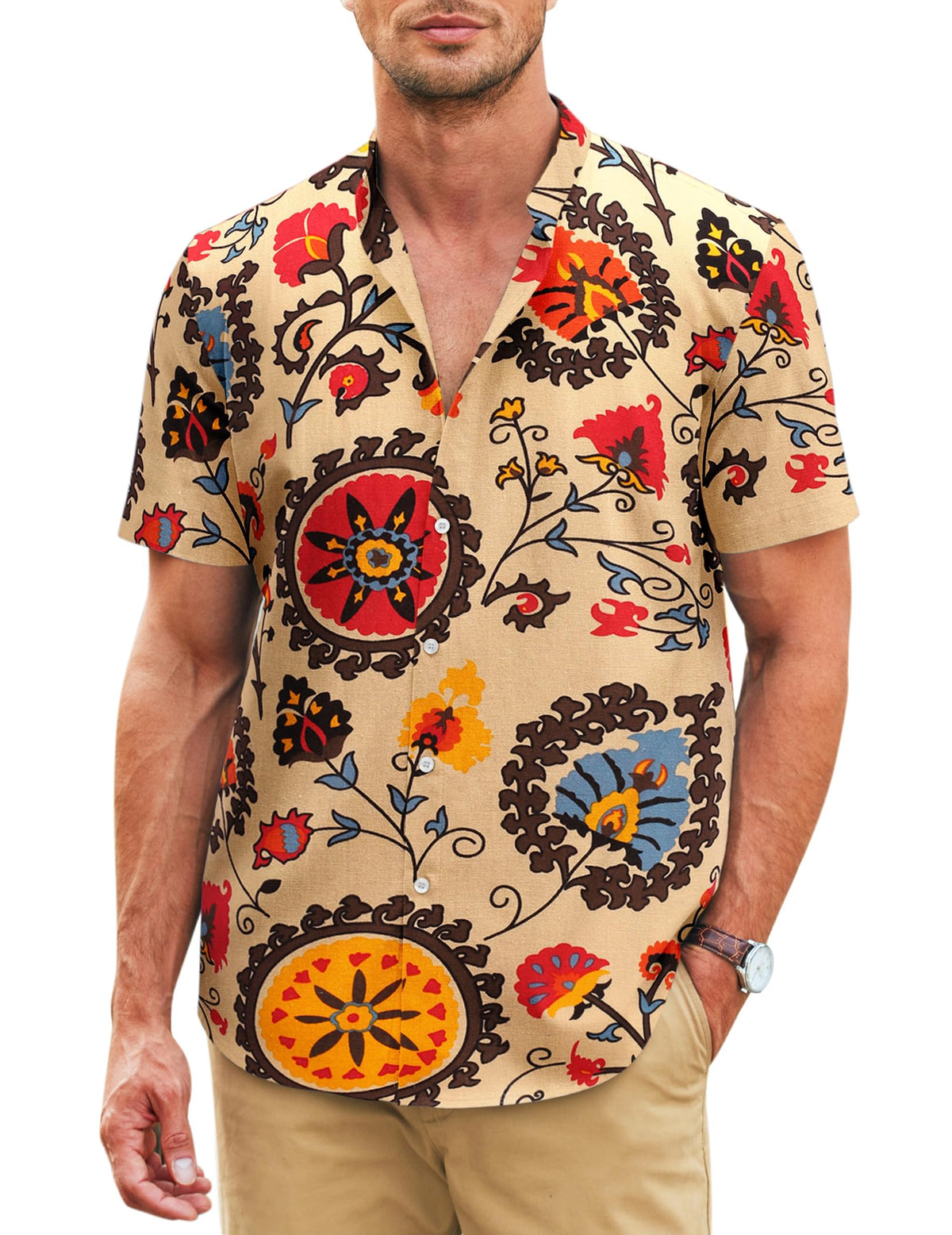 COOFANDY Men's Short Sleeve Button Down Shirt Band Collar Mandarin Casual Shirt