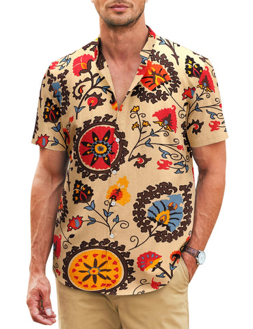 COOFANDY Men's Short Sleeve Button Down Shirt Band Collar Mandarin Casual Shirt