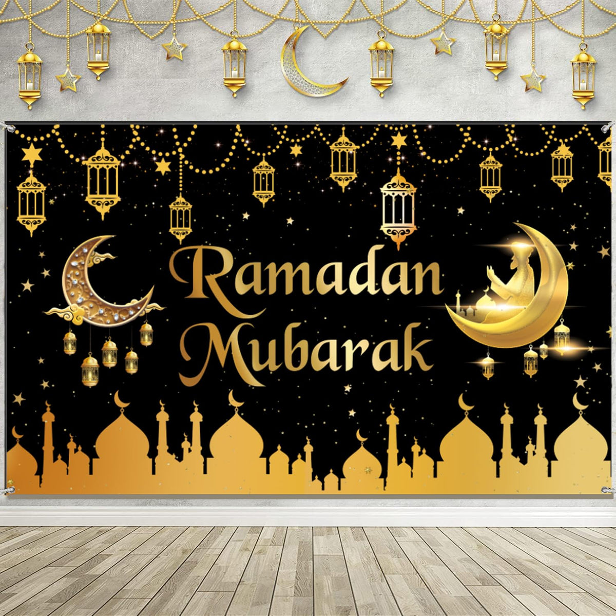 Ramadan Mubarak Backdrop Banner Black Gold Ramadan Mubarak Party Decorations Muslim Prayers Eid Indoor Outdoor al-Fitr Party Background Decorations 70.8 x 43.3In