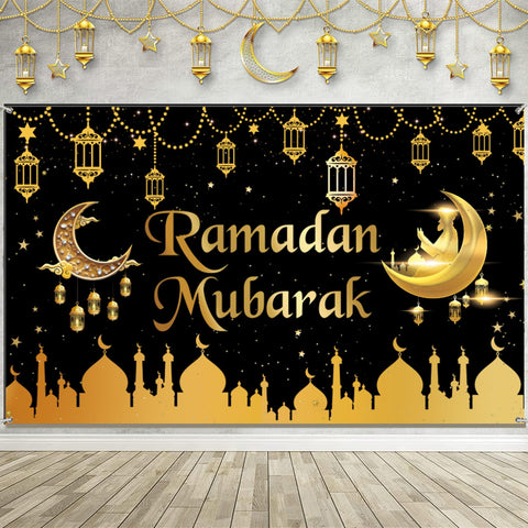Ramadan Mubarak Backdrop Banner Black Gold Ramadan Mubarak Party Decorations Muslim Prayers Eid Indoor Outdoor al-Fitr Party Background Decorations 70.8 x 43.3In