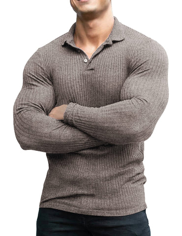 COOFANDY Slim Fit Muscle Polo Shirts for Men Long Sleeve Sport Shirts with Collar Tan