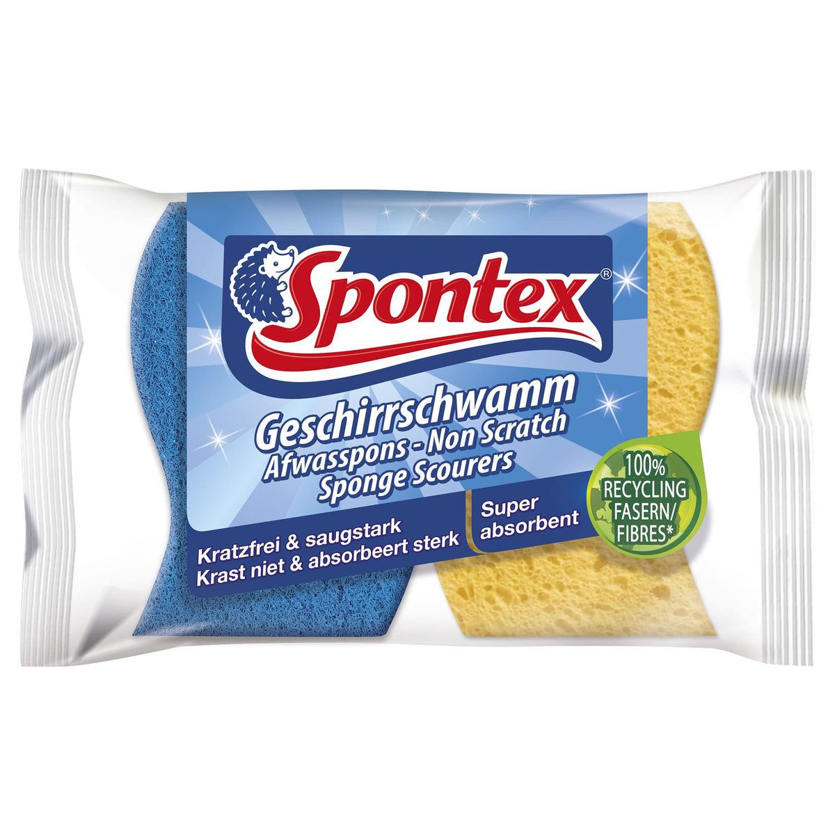 Spontex Non Scratch Super Absorbent Sponge Scourers, Pack of 2, Yellow Sponge Blue Scourer