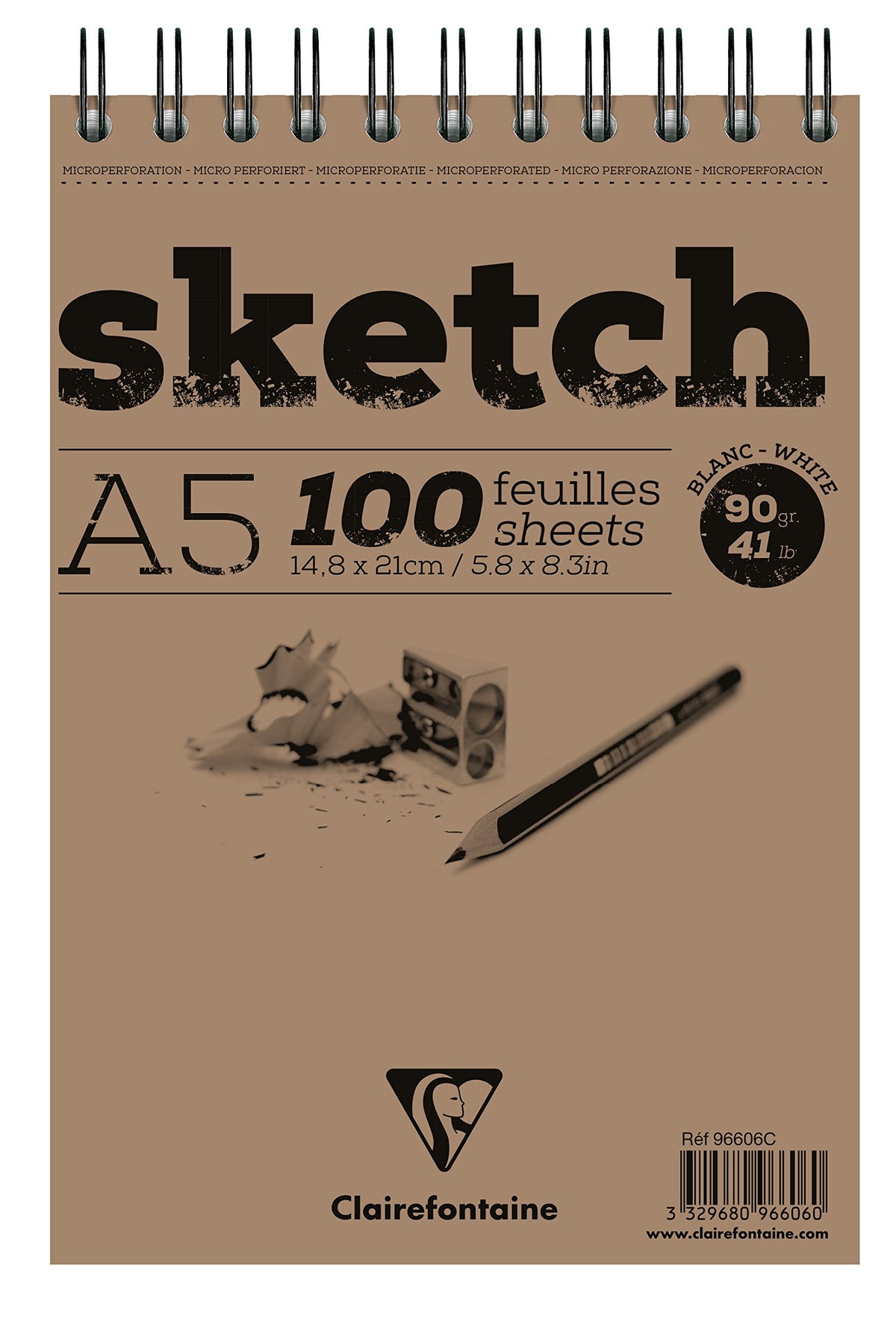 Clairefontaine - Ref 96606C - Head Wirebound Sketch Pad (100 Sheets) - A5 Sized, 90gsm Paper, Microperforated - Suitable for Sketching with Pencil, Charcoal & Felt Tip