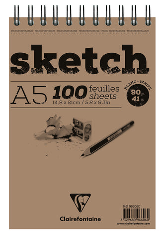 Clairefontaine - Ref 96606C - Head Wirebound Sketch Pad (100 Sheets) - A5 Sized, 90gsm Paper, Microperforated - Suitable for Sketching with Pencil, Charcoal & Felt Tip