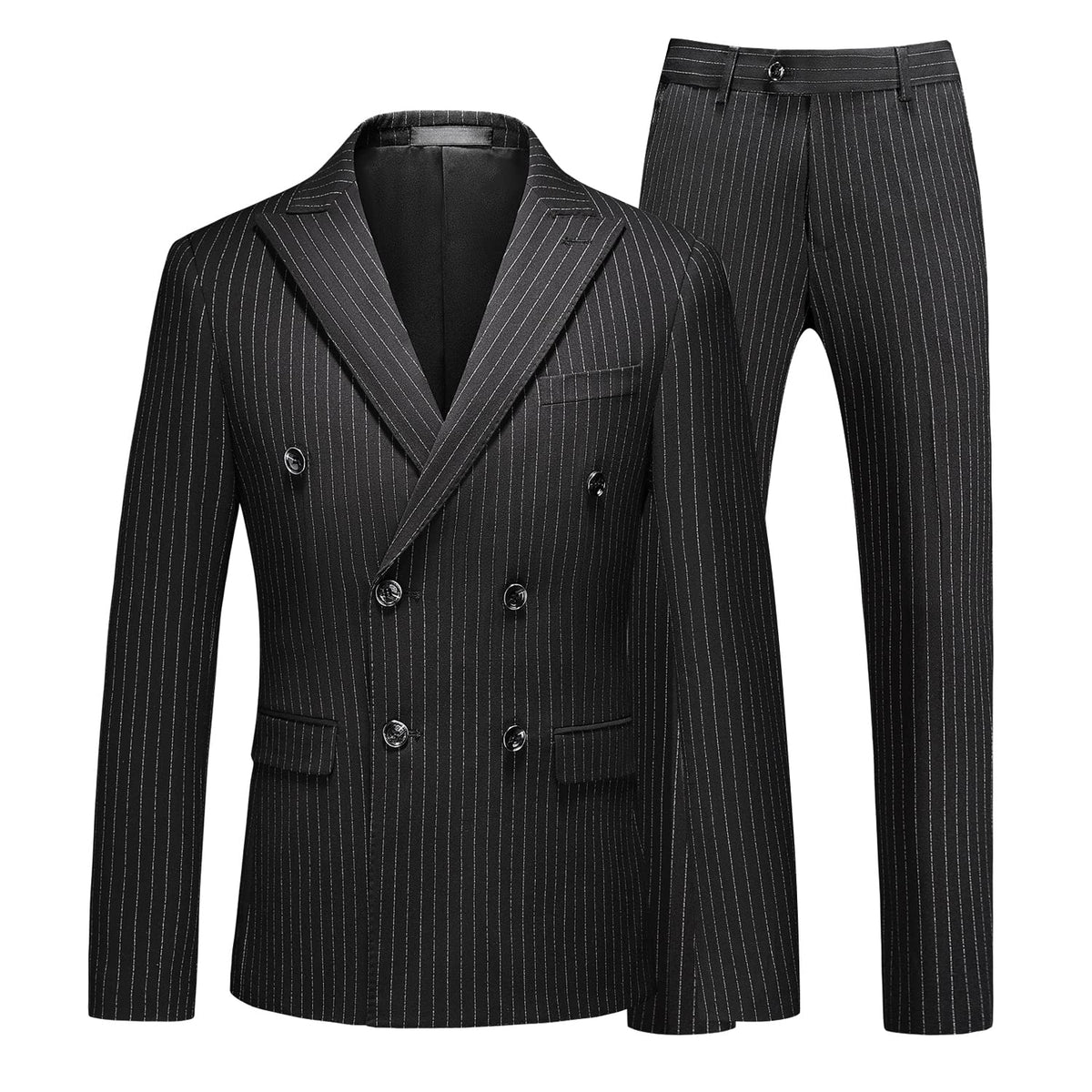 MOGU Mens Suits 3 Piece Double Breasted Suit Pinstripe Slim Fit Tuxedo Jacket Vest Pants for Business Wedding Dance 44 Black