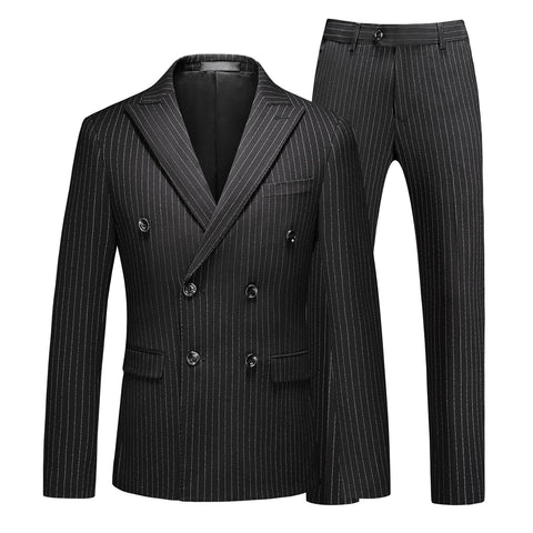 MOGU Mens Suits 3 Piece Double Breasted Suit Pinstripe Slim Fit Tuxedo Jacket Vest Pants for Business Wedding Dance 44 Black
