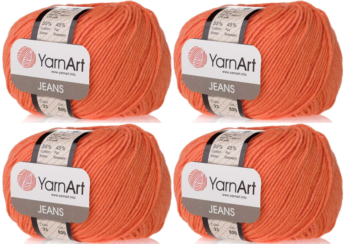 4 Skeins YarnArt Jeans 55% Cotton 45% Acrylic Yarn Blend Thread Crochet Hand Knitting Art Lot of 4skn 200 gr 696 yds (23-Orange)