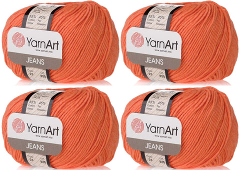 4 Skeins YarnArt Jeans 55% Cotton 45% Acrylic Yarn Blend Thread Crochet Hand Knitting Art Lot of 4skn 200 gr 696 yds (23-Orange)