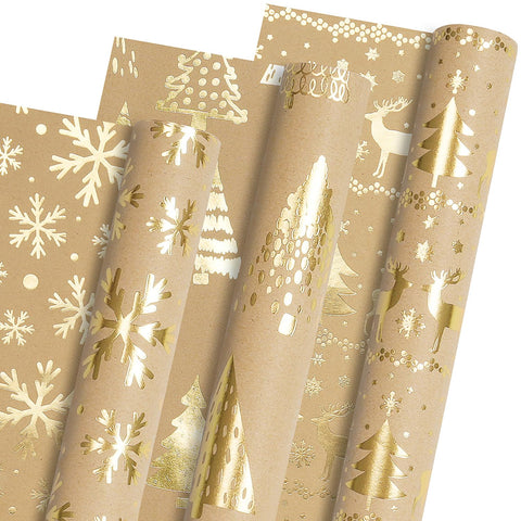 Christmas Wrapping Paper - 3 Mini Rolls, Metallic Gold Foil Kraft Wrapping Paper with Reindeer Christmas Tree Design, Brown Kraft Wrapping Paper for Christmas Holiday, 17 Inch X 118 Inch per Roll
