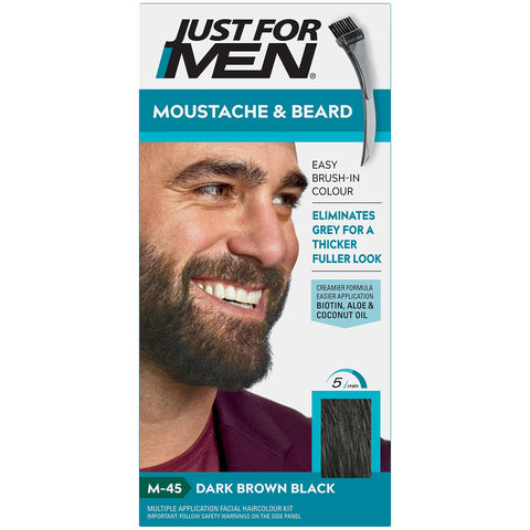 Just For Men Moustache & Beard M45 - Dark Brown Black Dye, Eliminates Grey For a Thicker & Fuller Look With An Applicator Brush Included - M45