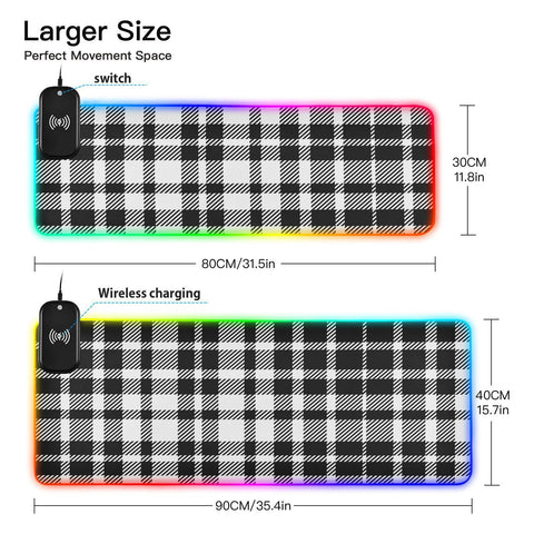 Black White Plaid Buffalo Wireless Charging Mouse Pad for Mobile Phone Extra Large Gaming Mousepad with 13 Lighting Modes Mouse Mat for Gaming MacBook PC Laptop Desk Home Office