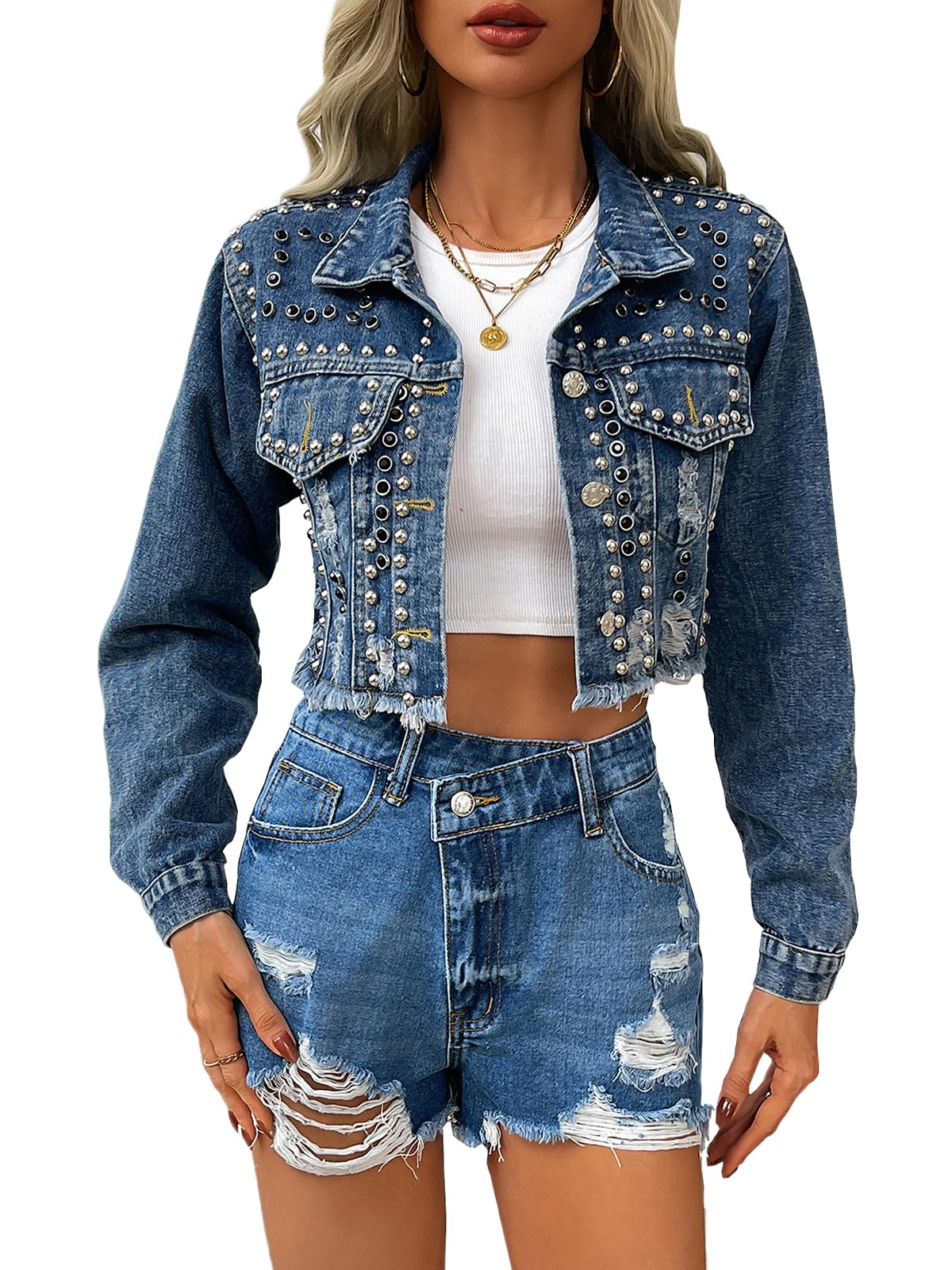 YILANUOYI Women's Rivet Studded Denim Jacket Cropped Washed Pearl Short Jean Coat(171Blue,XS)