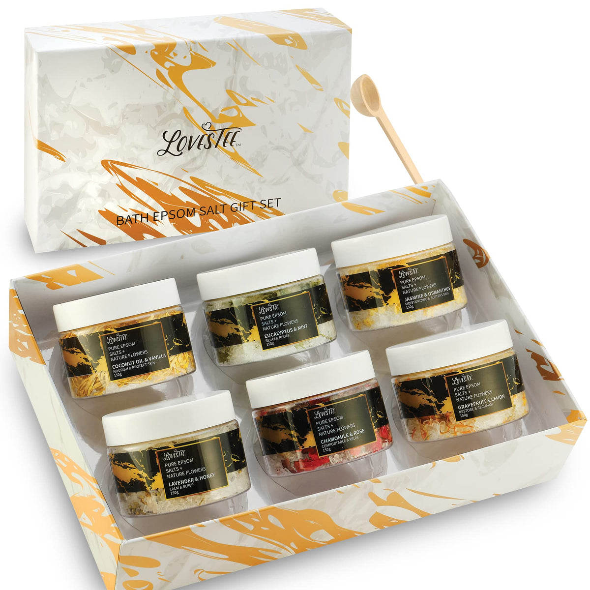 Lovestee Epsom Salt Spa Gift Set of 6 Bath Salts - Coconut Vanilla, Jasmine Osmanthus, Eucalyptus Mint, Lavender Honey, Chamomile Rose, Grapefruit Lemon for Soaking Bath Gift Set for Women Baskets