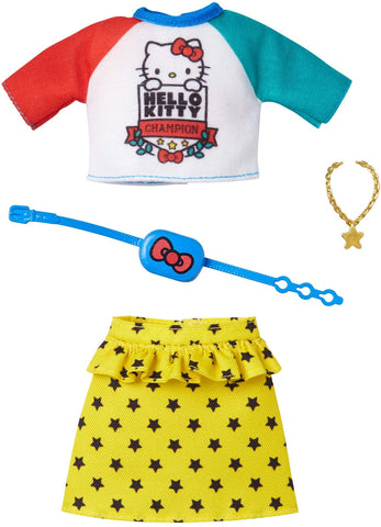 Barbie Doll Clothes Inspired by Hello Kitty, Complete Look with 2 Accessories, Hello Kitty Graphic Top, Yellow Skirt with Star Print, Golden Necklace & Blue Fanny Pack, Gift for Kids 3 to 8 Years Old