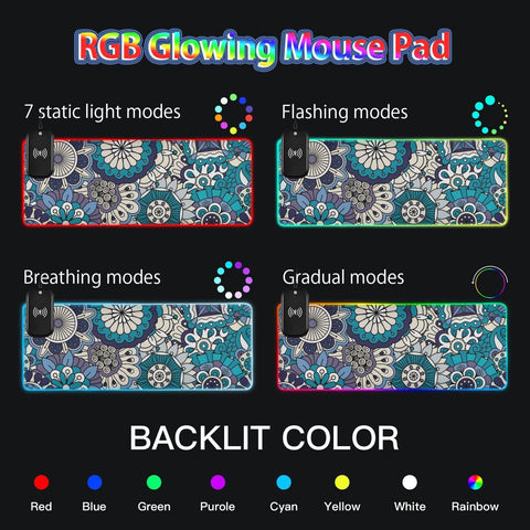 Boho Floral Wireless Charging Mouse Pad for Mobile Phone Extra Large Gaming Mousepad with 13 Lighting Modes Keyboard Mat for Gaming MacBook PC Laptop Desk Office Home