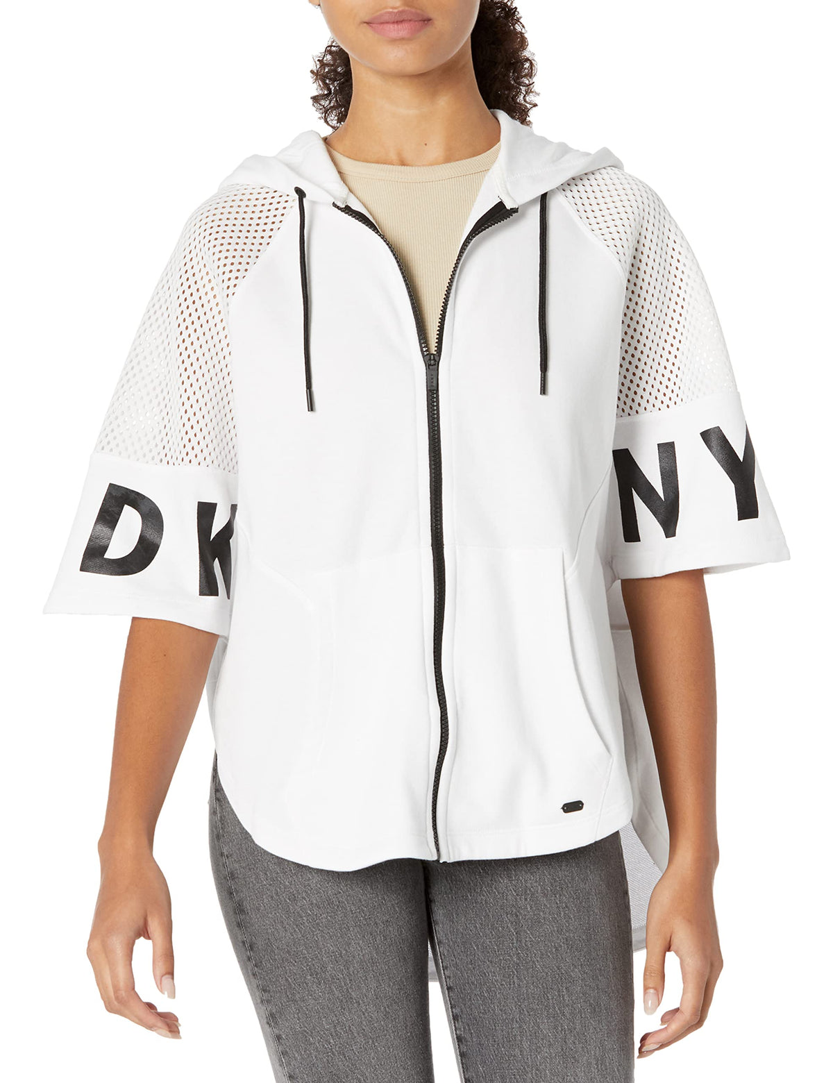 DKNY Women's Hooded Anorak Zip Up Poncho Jacket, White Zip Up Poncho Jacket, M