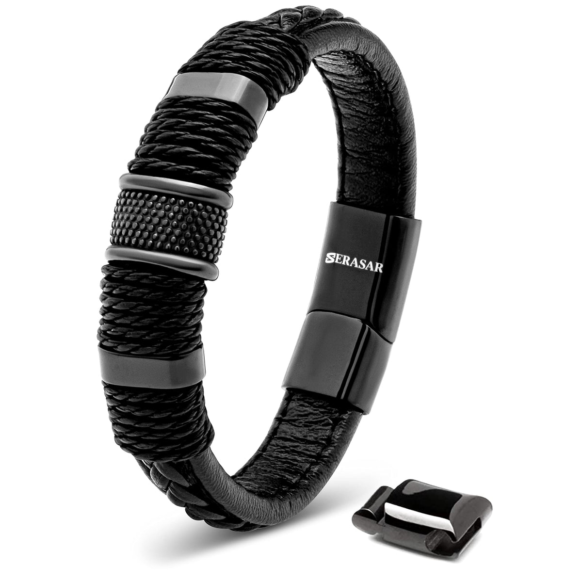 SERASAR Hombres Pulsera de cuero negro 23 Cm Brazalete negro Hombre Regalo Caja de regalo envuelta en regalo genuina multicapa para hombres - Cierres magneticos Joyas