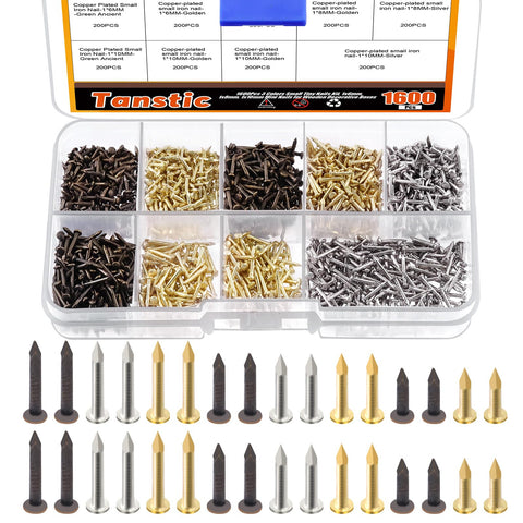 Tanstic 1600Pcs Small Tiny Nails Kit, 6mm, 8mm, 10mm Tiny Wooden Nails for Wooden DIY Decorative Pictures Mini Boxes Household Accessories (Gold/Bronze/Silver)