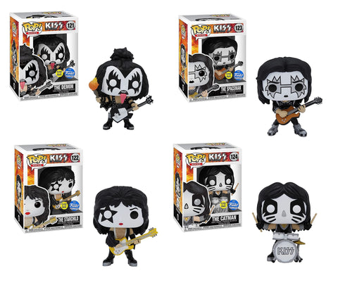 Funko KISS Glow in The Dark Exclusive Set of 4 Catman Demon Spaceman Starchild Pop Rocks Figures Bundle