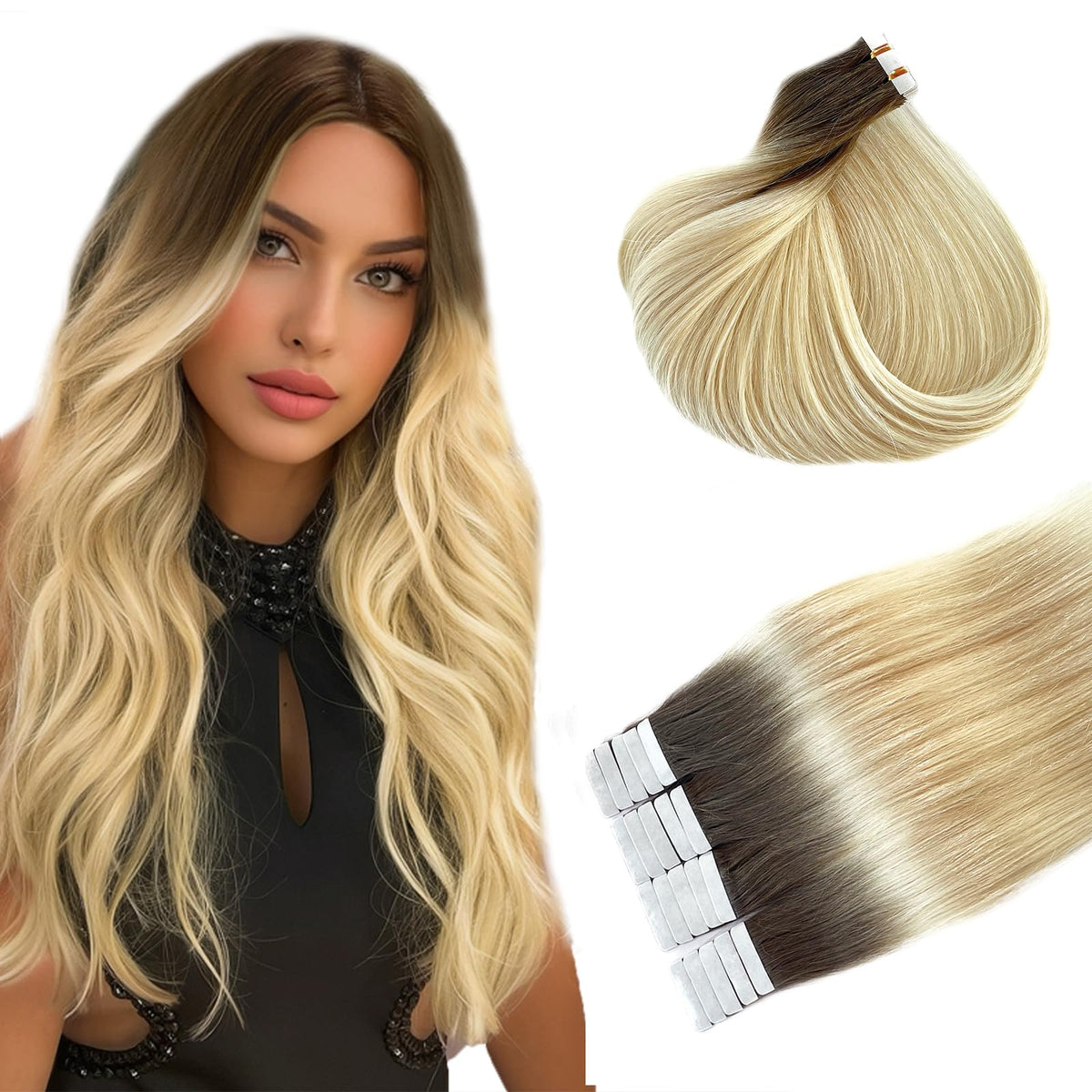 Tape Ins Human Hair Extensions 22inch Omber Flax Brown to Platinum Blonde Silky Straight Brazilian Double Sided Tape in Extensions Human Hair Tape in Extensions