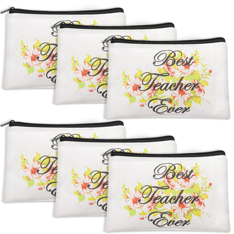 emzrivo Teacher Appreciation Gifts, Best Teacher Ever Bag 6 Pieces Makeup Pouch Cosmetic Bag Travel Toiletry Case Pencil Bag with Zipper for Teacher Appreciation Gift Bulk, White, Classic