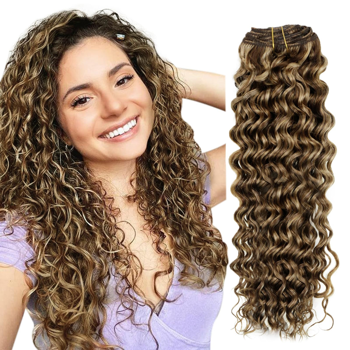 Hetto Curly Clip in Hair Extensions Human Hair 120g 16 Inch #P4/27 Brown Mix Blonde Hair Extensions Clip in Human Hair Water Wavy Clip in Extensions Real Human Hair 7Pcs