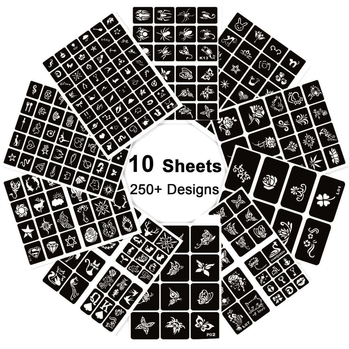 10 Sheets Henna Tattoo Stencils Kit,Reusable Temporary Stencil for Women Girls and Kids, 200+ PCS Tattoo Templates,Temporary Indian Arabian Glitter Airbrush Tattoo Stencils for Face Body Paint DIY